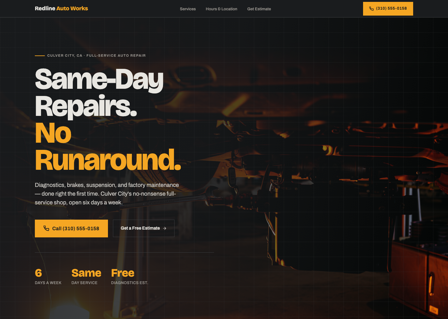SiteFly engine demo — a same-day-service website for an auto repair shop