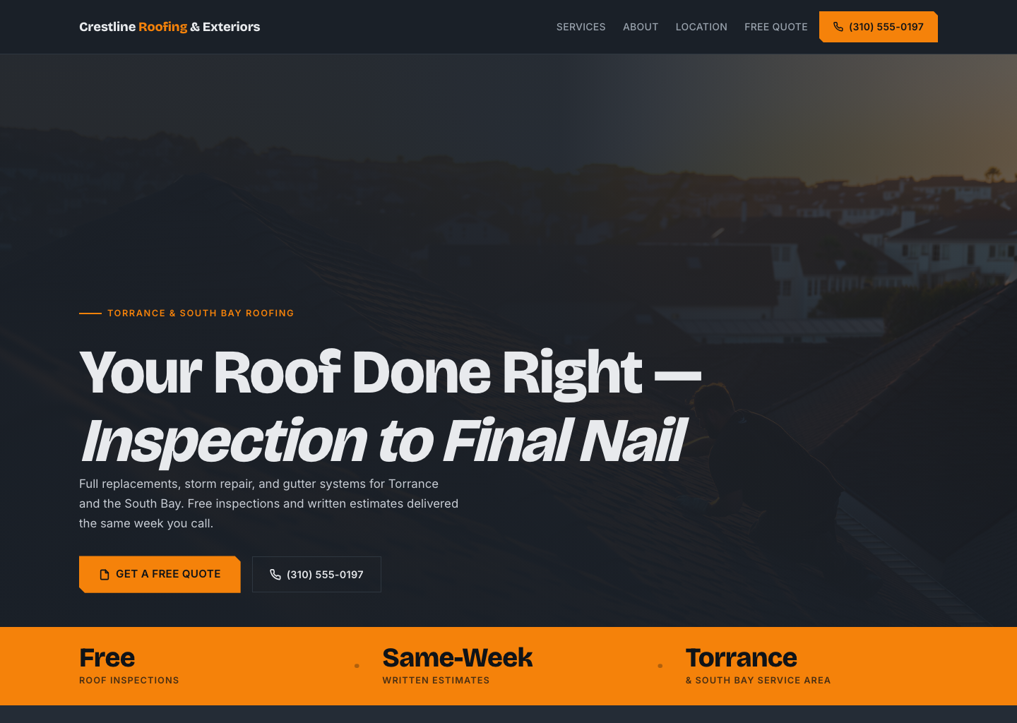 SiteFly engine demo — an estimate-first website for a roofing contractor