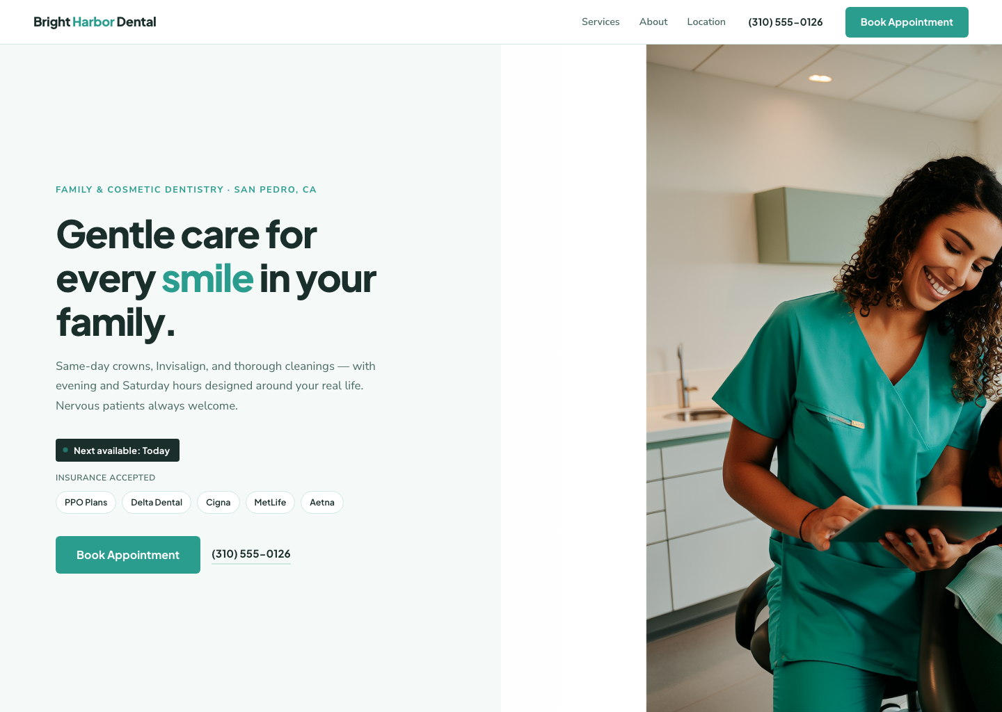 SiteFly engine demo — a booking-first website for a family dentist