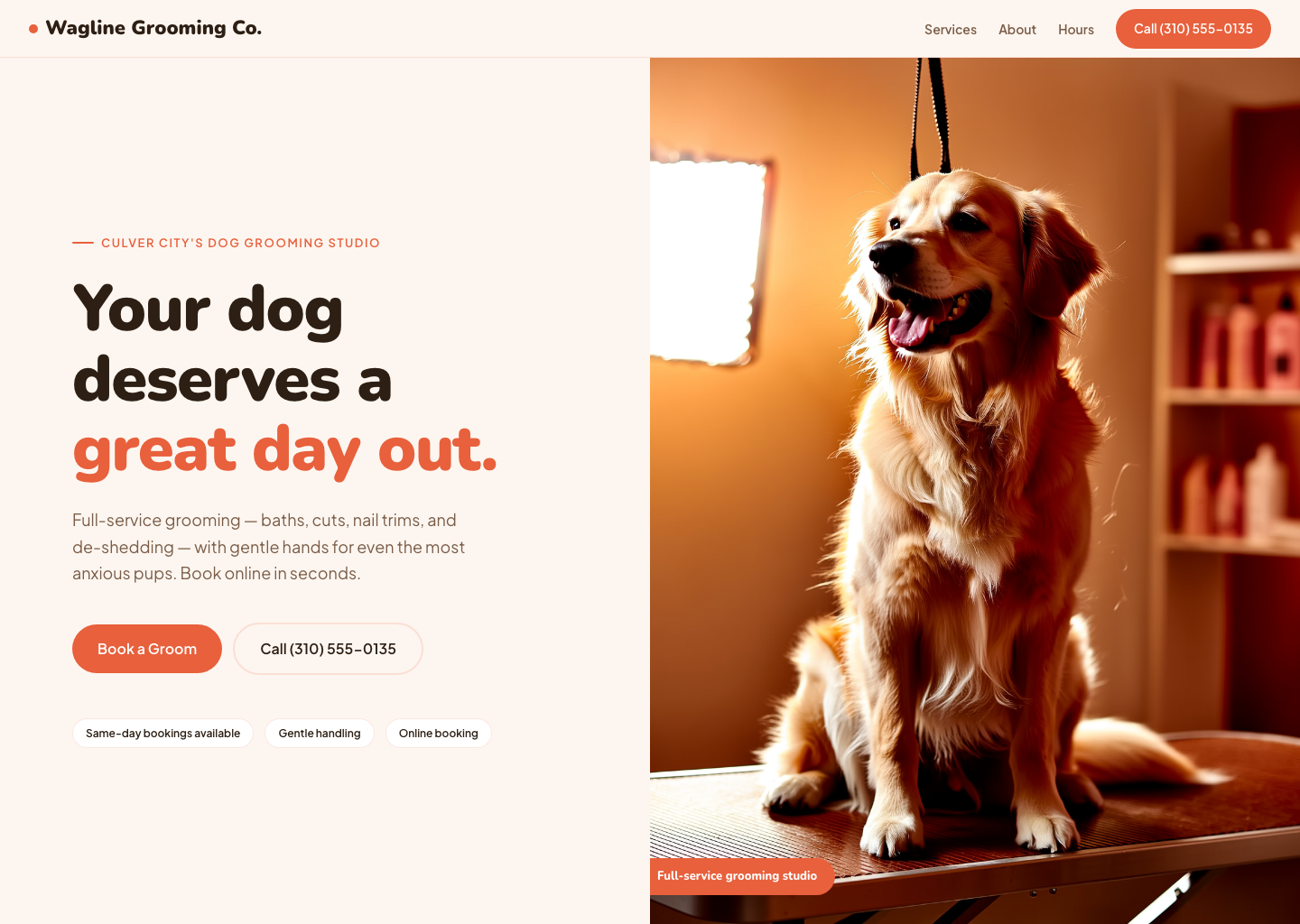 SiteFly engine demo — an online-booking website for a dog groomer