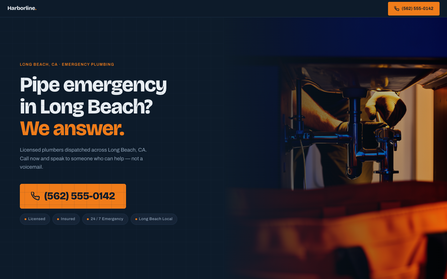 The website SiteFly built for Harborline Plumbing — a bold tap-to-call emergency hero for a Long Beach plumber