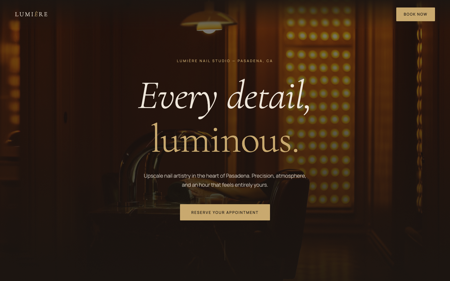 The website SiteFly built for Lumière Nail Studio — an editorial serif site for a Pasadena nail salon